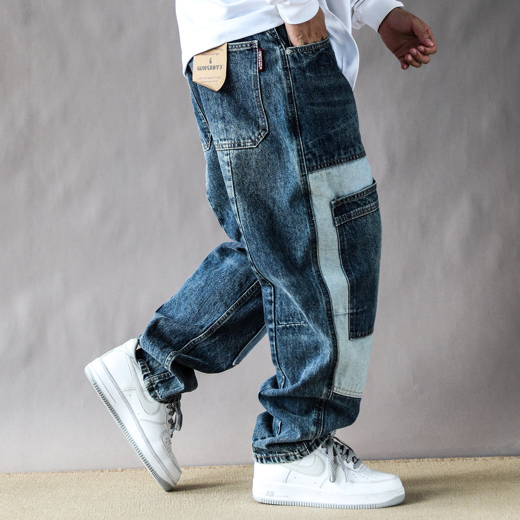 2025 American Vintage Washed Design Patch Stitching Printed Jeans Men's Loose Straight Wide-leg Pants Blue