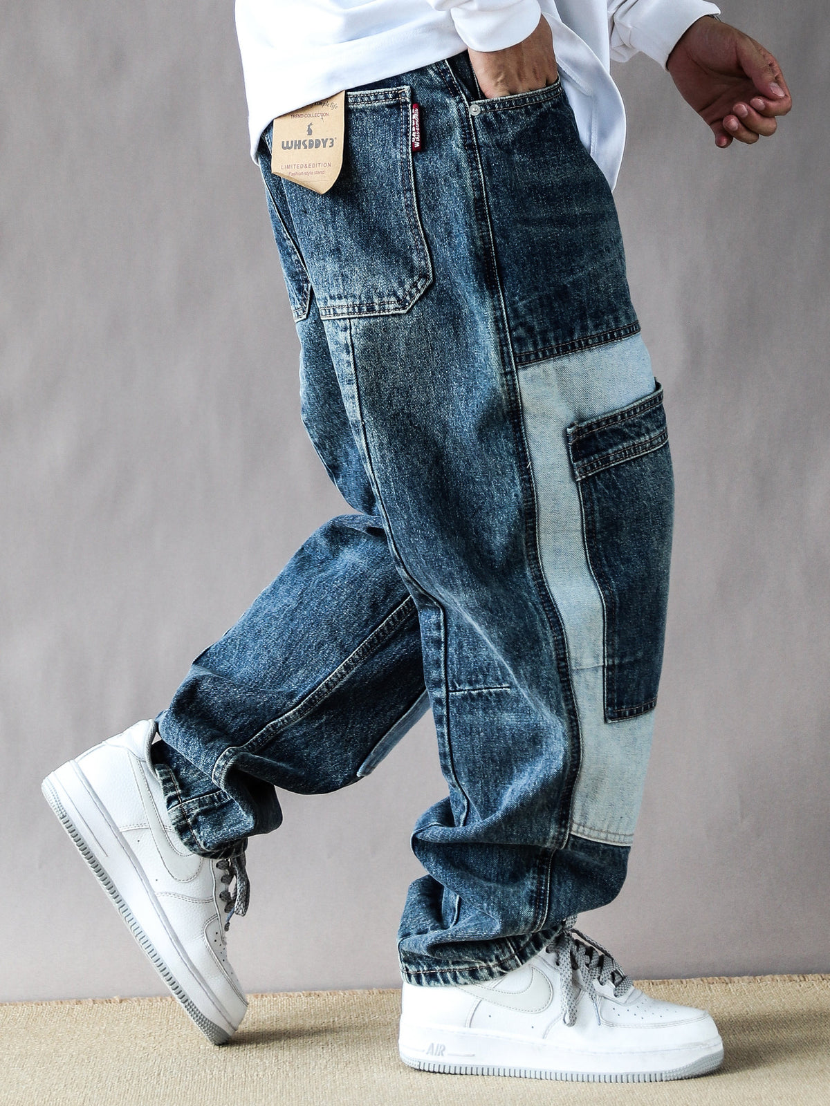 2025 American Vintage Washed Design Patch Stitching Printed Jeans Men's Loose Straight Wide-leg Pants Blue