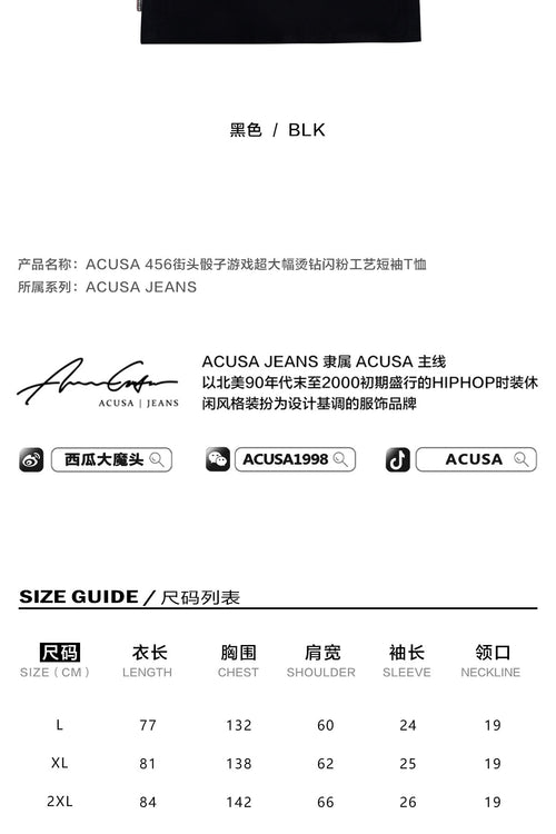ACUSA American 456 Street Dice Game Super Large Hot Diamond Glitter Craft Dropped Shoulders Loose Short Sleeve T-Shirt Summer