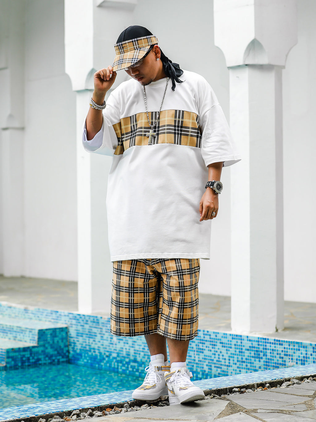 Acusa American Street Hip Hop Patchwork Checkered Small Neckline Short Sleeve