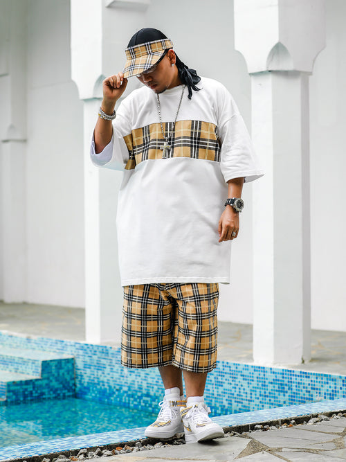 Acusa American Street Hip Hop Patchwork Checkered Small Neckline Short Sleeve