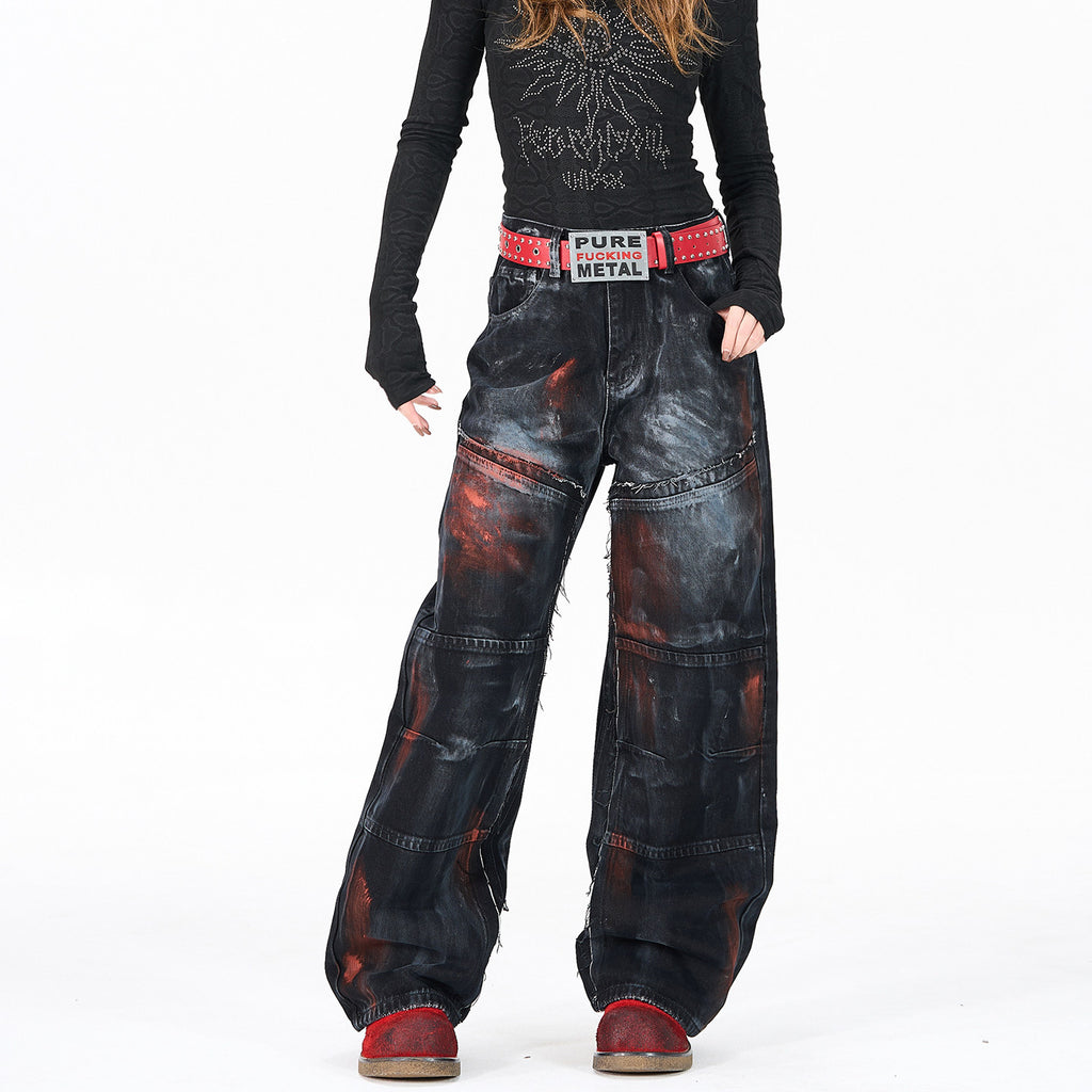Cool style distressed patchwork trendy brand jeans for men and women, heavy craftsmanship graffiti design, straight-leg loose wide-leg pants