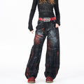Cool style distressed patchwork trendy brand jeans for men and women, heavy craftsmanship graffiti design, straight-leg loose wide-leg pants