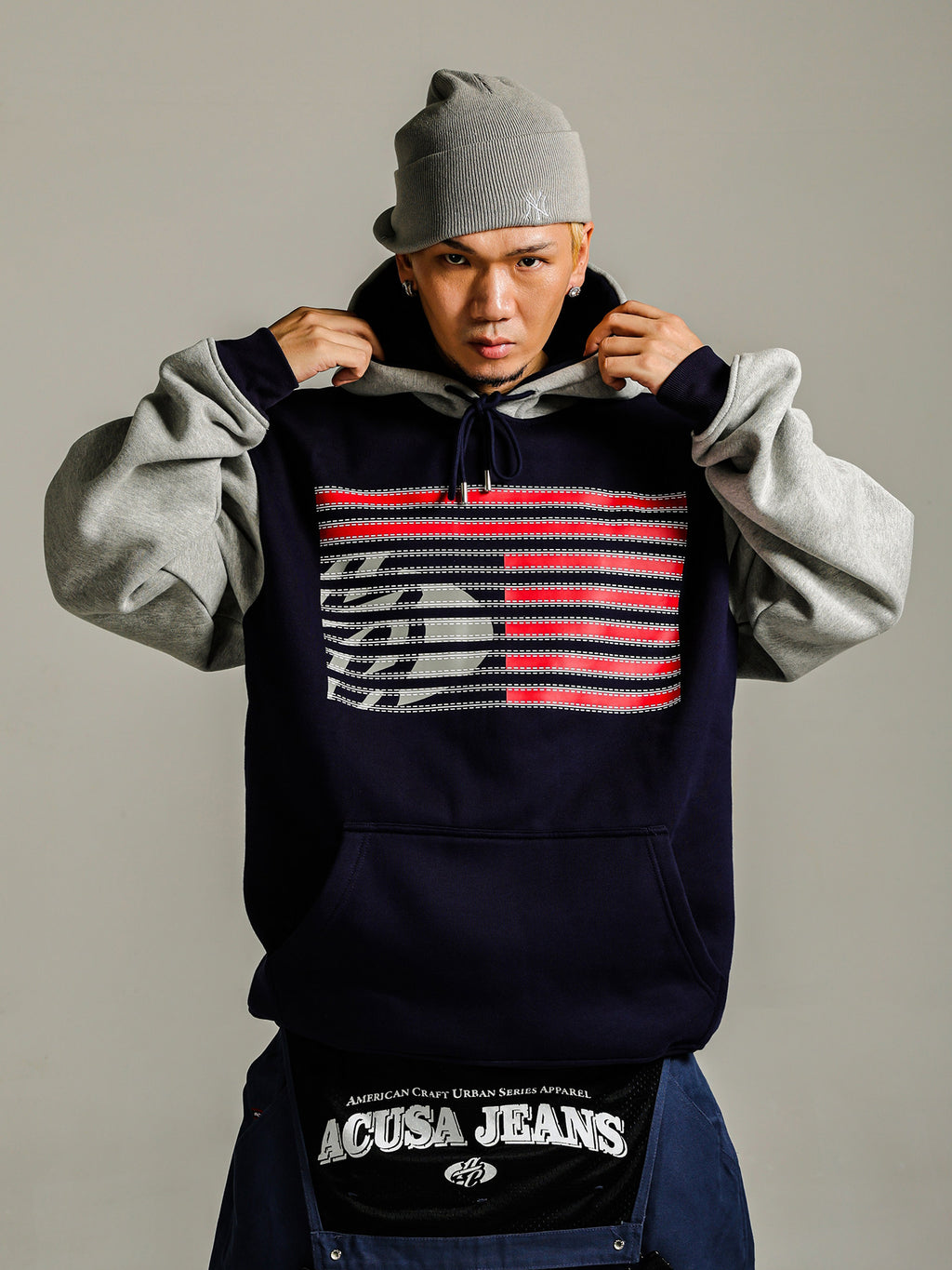 ACUSA American retro street hip hop Citi LOGO three-dimensional print color blockage heavy pullover hooded sweatshirt for men