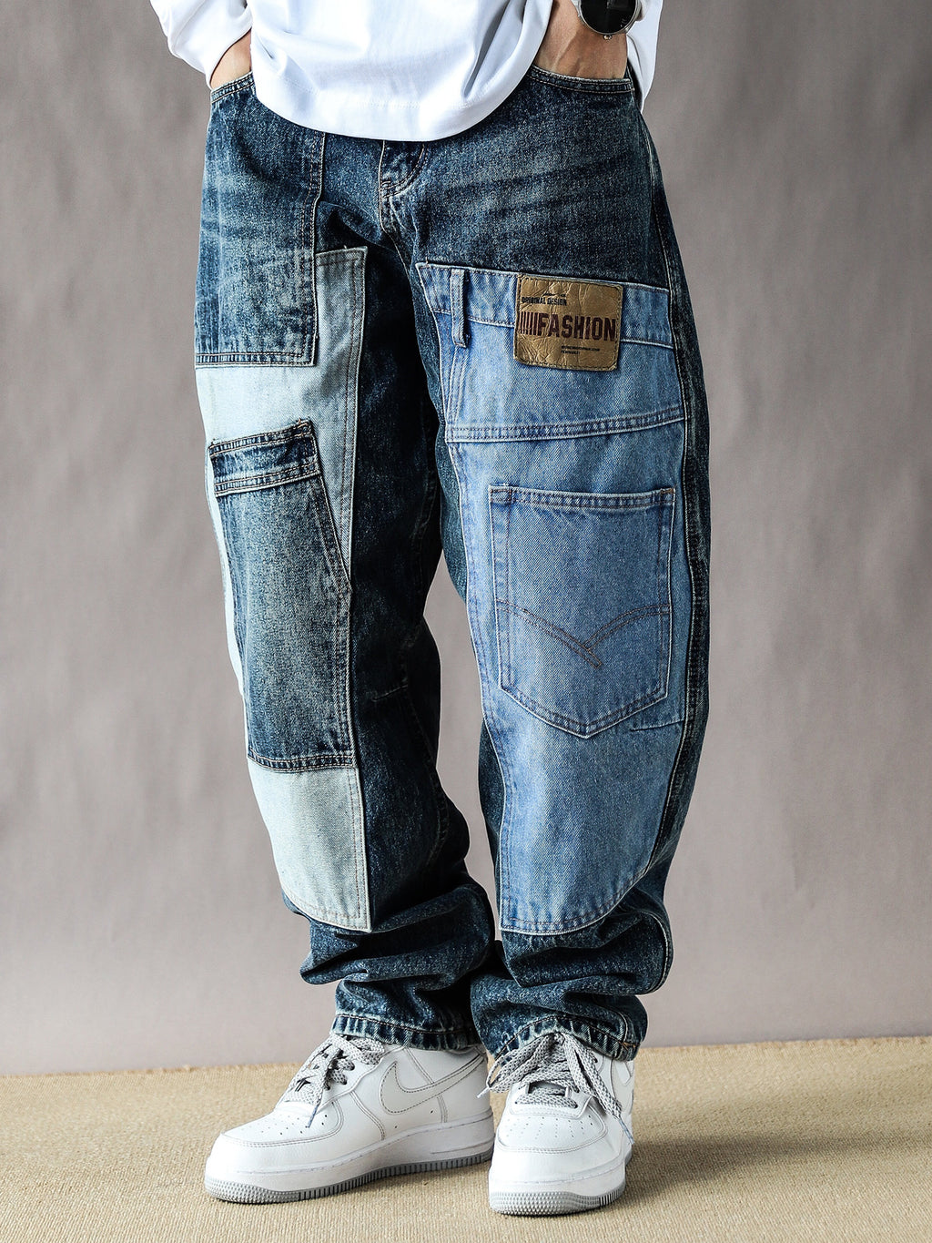 2025 American Vintage Washed Design Patch Stitching Printed Jeans Men's Loose Straight Wide-leg Pants Blue