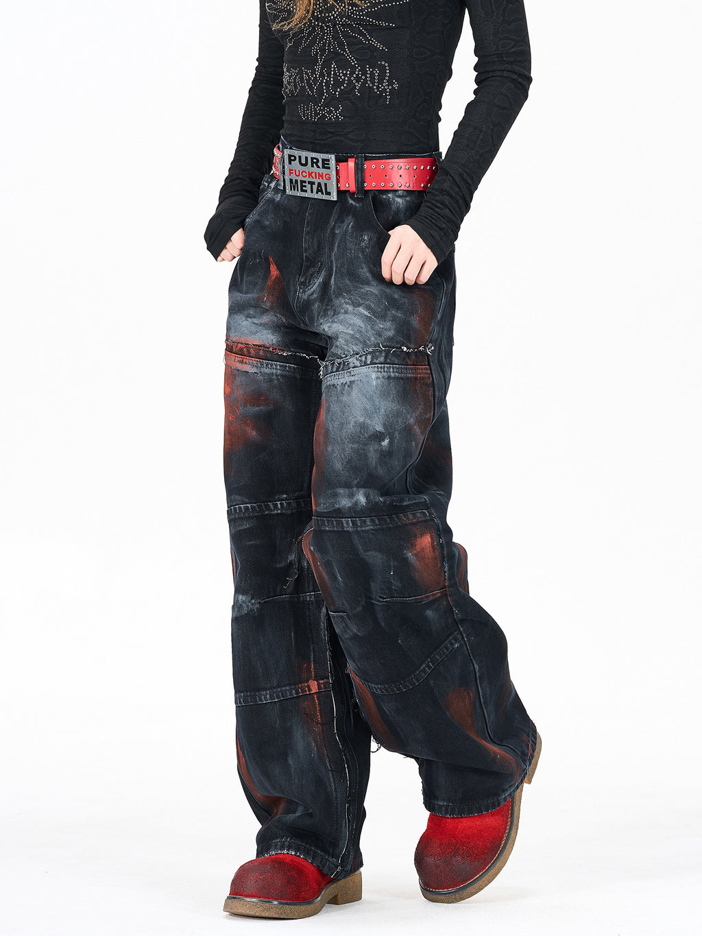 Cool style distressed patchwork trendy brand jeans for men and women, heavy craftsmanship graffiti design, straight-leg loose wide-leg pants