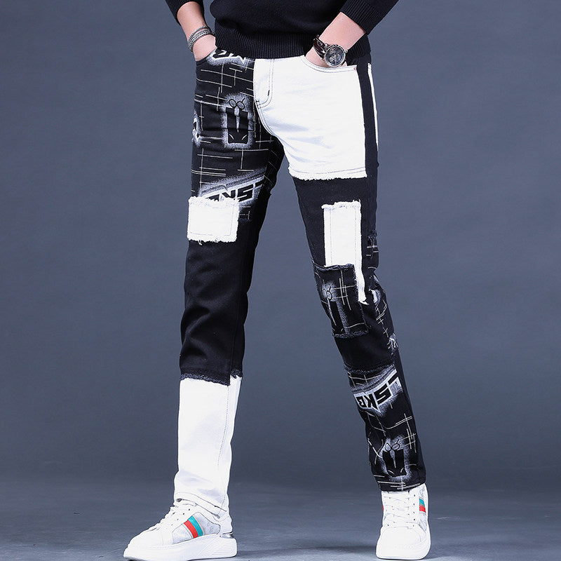2025 Autumn New Jeans Men's Loose Straight Korean Trend European and American Trendy Brand Splicing Patch Pants for Men