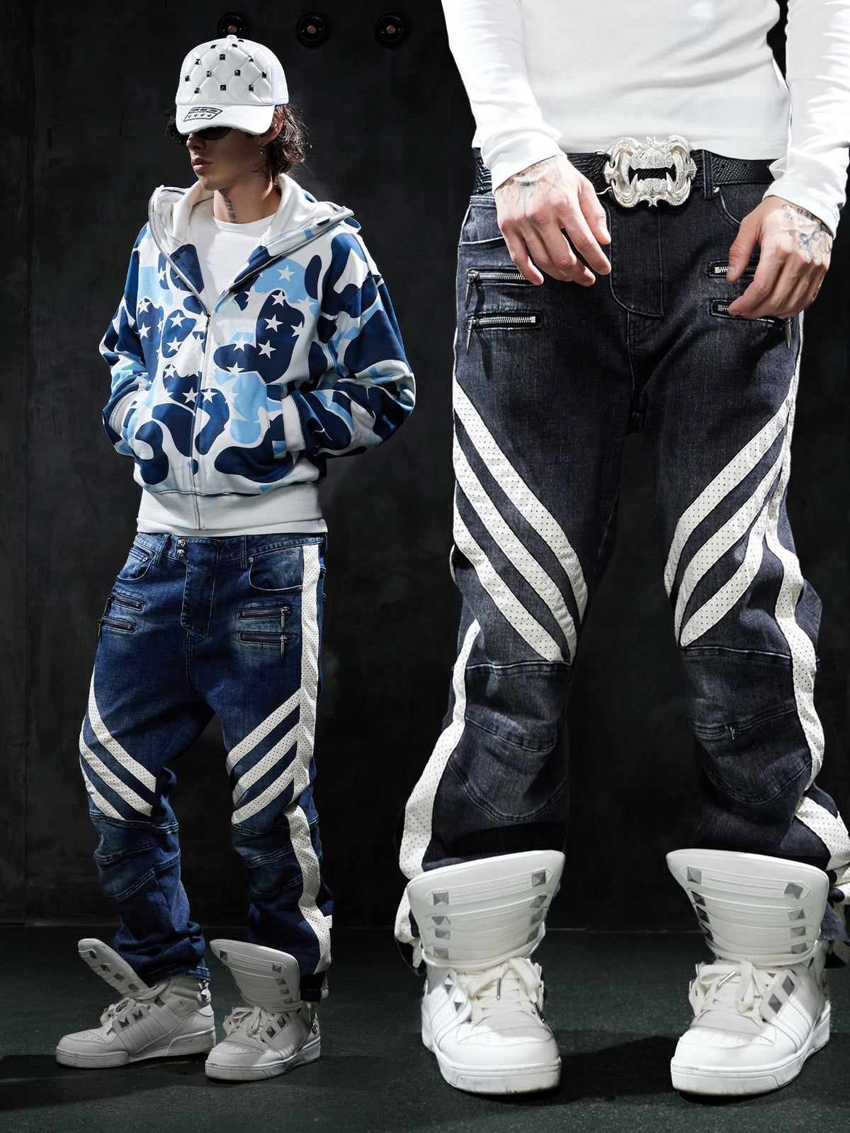 DND4DES Retro vintage functional denim pants, American street hip-hop patchwork slim motorcycle pants
