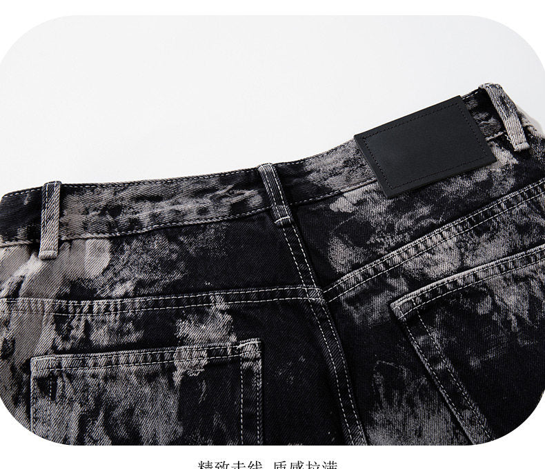 American hip-hop tie-dye gradient straight-leg trendy jeans for men and women, distressed niche high-street wide-leg pants