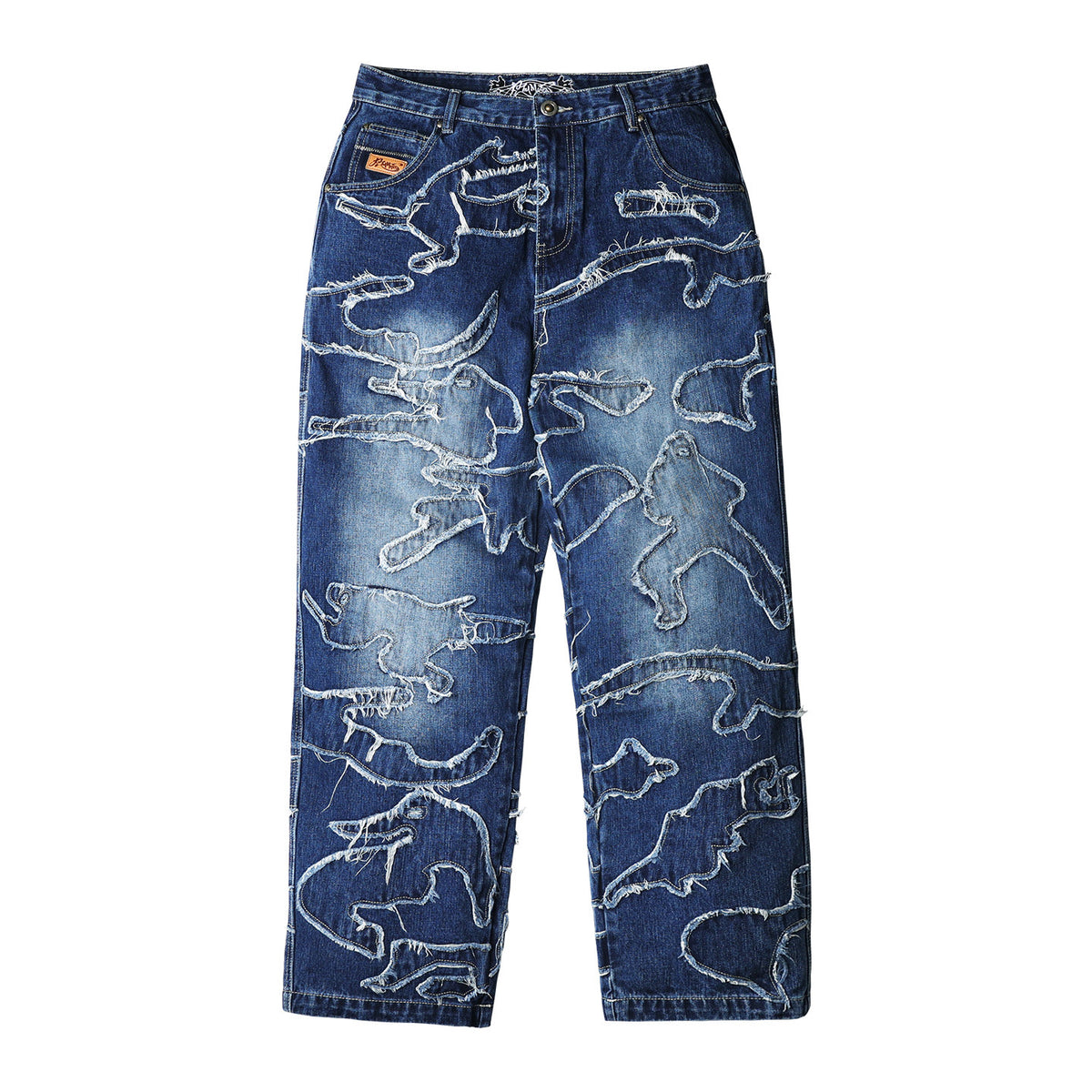 ACUSA American street ninja fighting physique form heavy work patch raw edge embroidery washed denim trousers for men