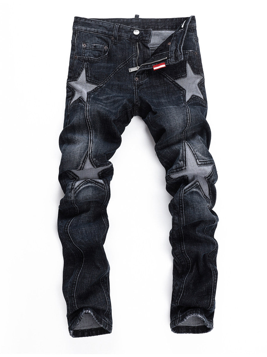 D Jeans Skinny Ripped Jeans American High Street Star Patch Slim Fit Men's Pants Jeans