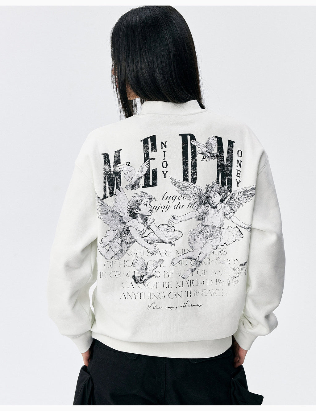 MEDM Personalized Angel Letter Print Applique Casual Crew Neck Fleece Sweatshirt American Couple Pullover Top Autumn