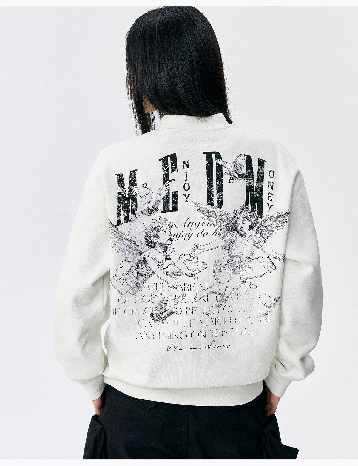MEDM Personalized Angel Letter Print Applique Casual Crew Neck Fleece Sweatshirt American Couple Pullover Top Autumn