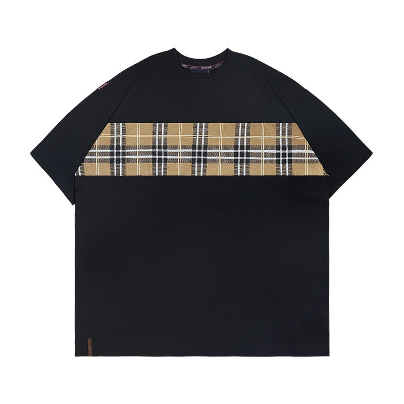 Acusa American Street Hip Hop Patchwork Checkered Small Neckline Short Sleeve