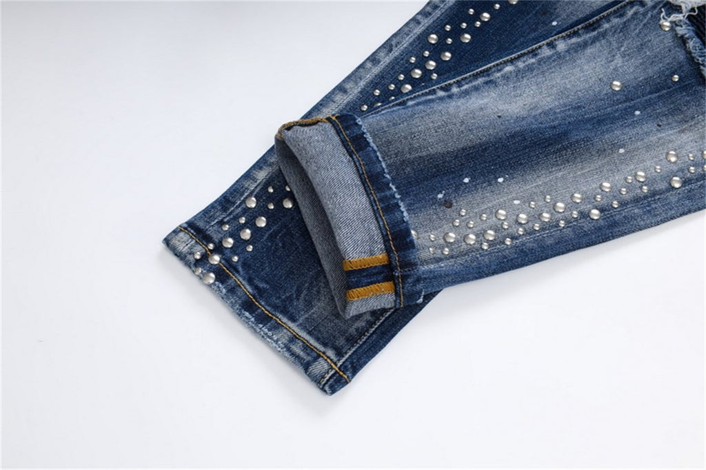 25 summer new American trendy brand PP men's gypsophila glossy rivet ripped hole patchwork slim fit trend jeans