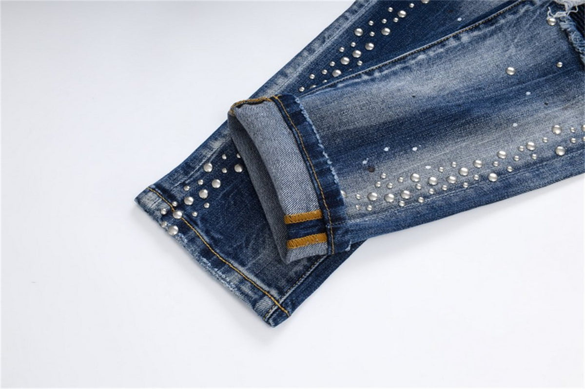 25 summer new American trendy brand PP men's gypsophila glossy rivet ripped hole patchwork slim fit trend jeans