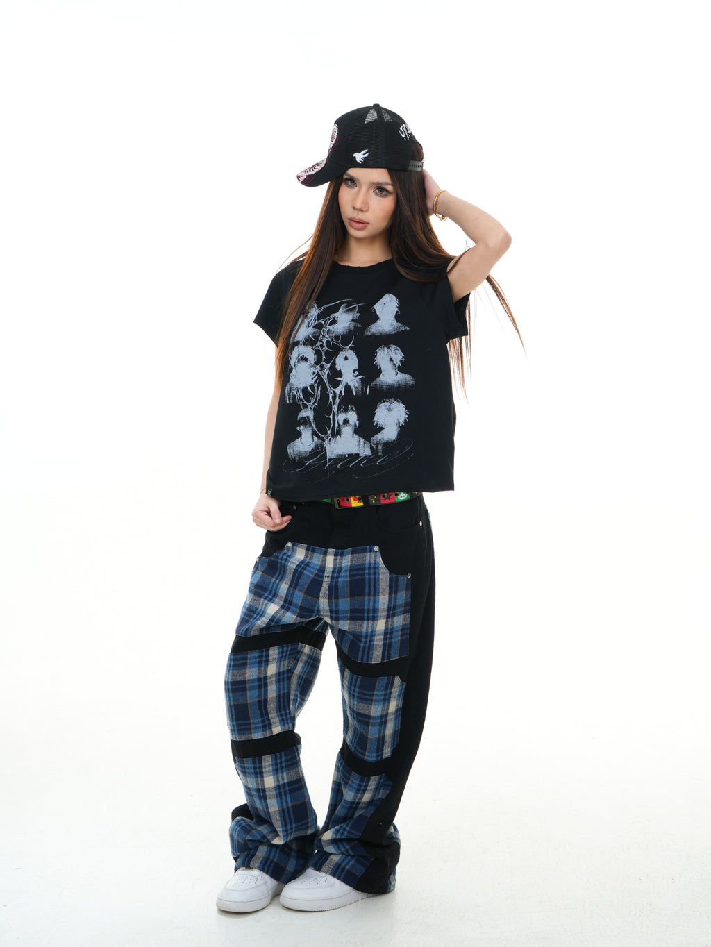 Vinkid (ladder) plaid patchwork jeans American trend niche designer national trend versatile trousers