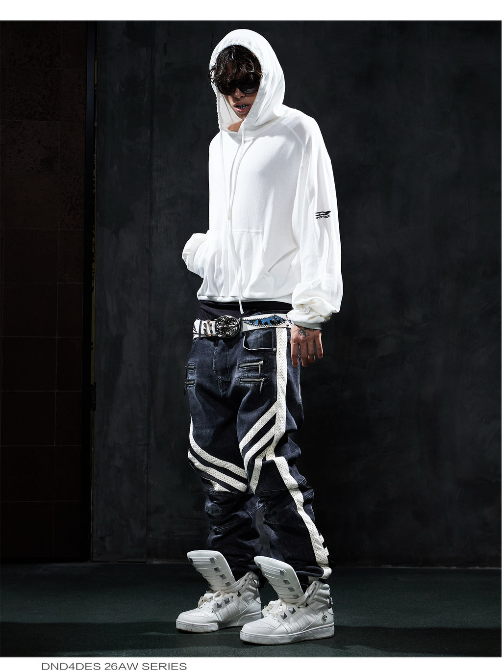 DND4DES Retro vintage functional denim pants, American street hip-hop patchwork slim motorcycle pants