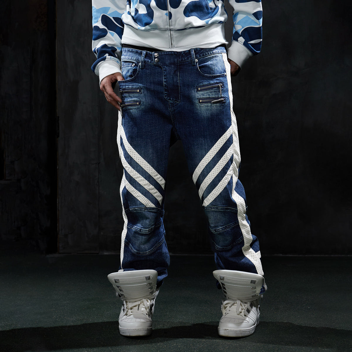 DND4DES Retro vintage functional denim pants, American street hip-hop patchwork slim motorcycle pants