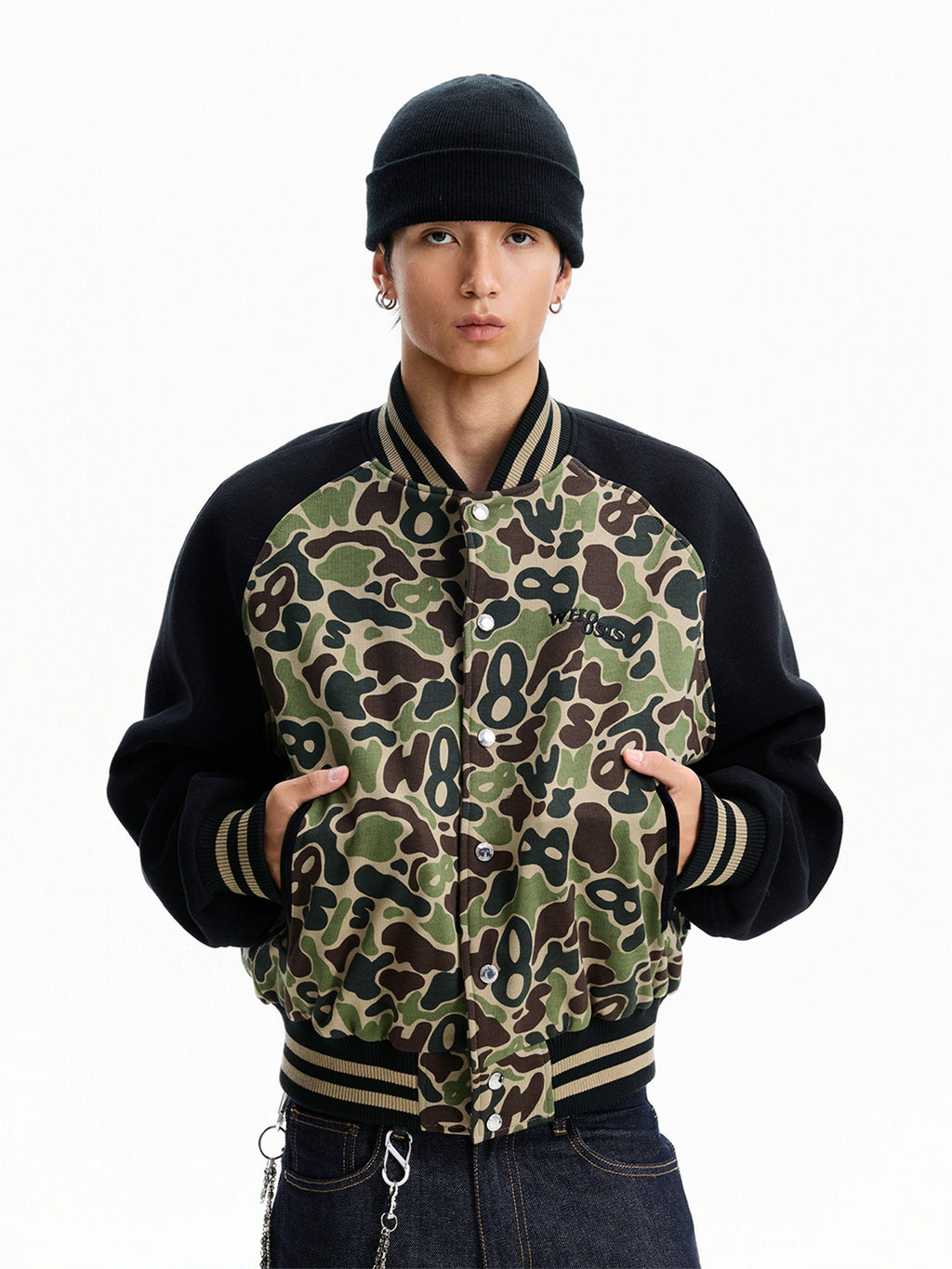 WHOOSIS (unknown name) camouflage basic logo raglan sleeve baseball jacket padded for autumn and winter men