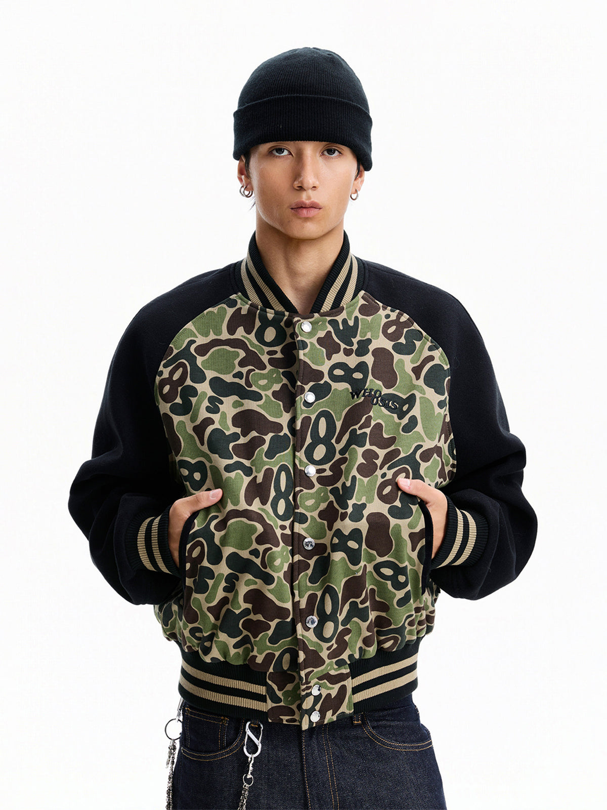 WHOOSIS (unknown name) camouflage basic logo raglan sleeve baseball jacket padded for autumn and winter men